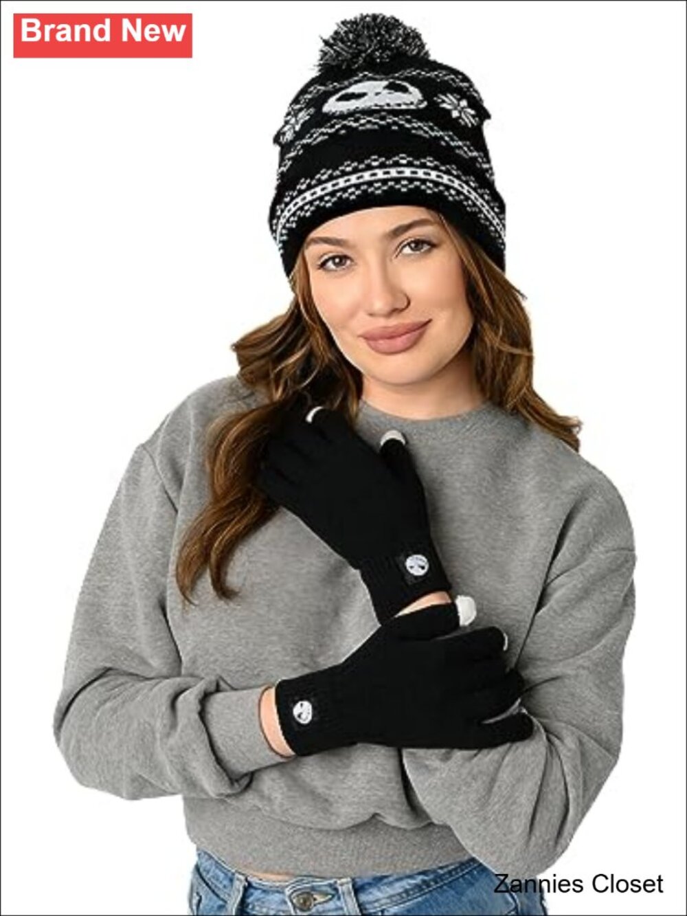 👻 Disney Adult Knit Beanie Hat & Texting Glove Set Mickey Minnie Jack